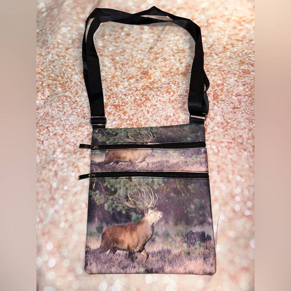 Stag Print Black Crossbody Bag (3 Zippers)